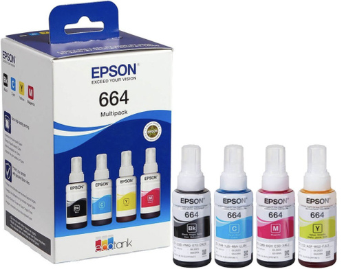 Экономичный набор из четырех контейнеров с чернилами, серия 664 Epson C13T66464A 664 EcoTank/ЖЕЛТАЯ НАКЛЕЙКА
