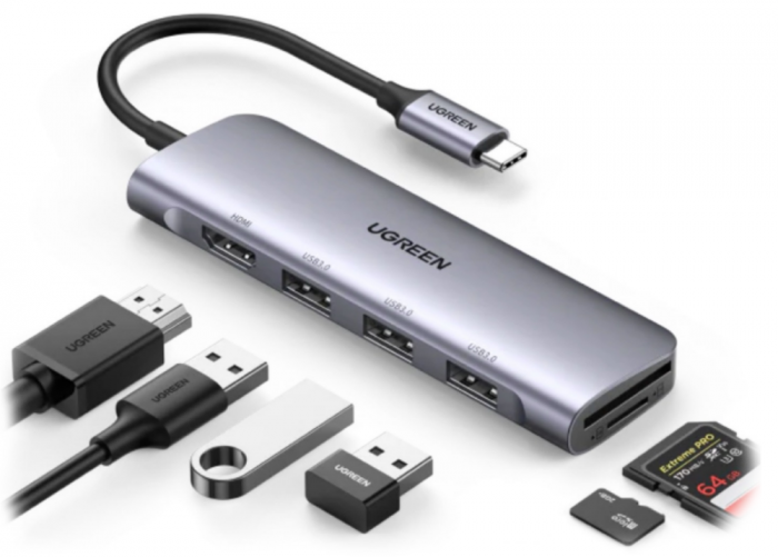 Адаптер Ugreen CM511 20956A Type C to HDMI +USB 3.0*3 + SD/TF Converter