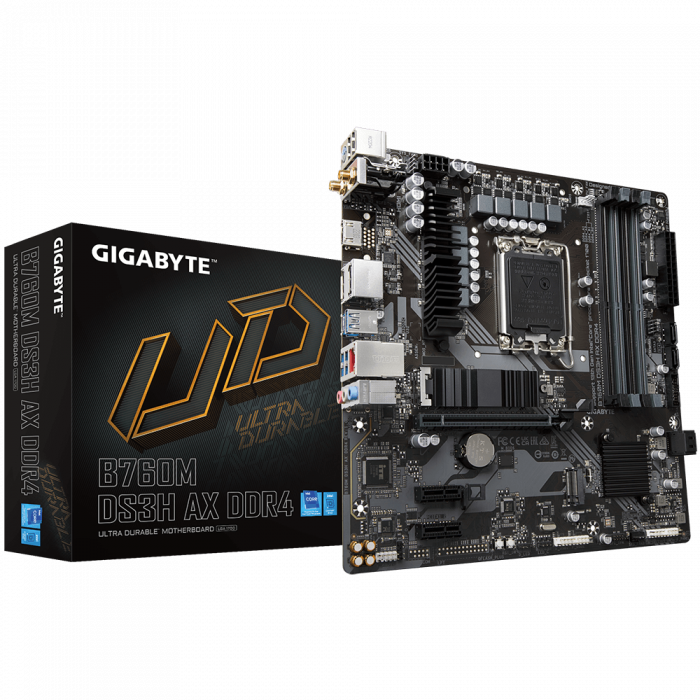 Сист.плата Gigabyte B760M DS3H AX 1.2, B760, 1700, 2xDDR4, PCI-Ex16, 2xPCI-Ex1, 2xM.2, 4xSATA, 2xDP, HDMI, BOX