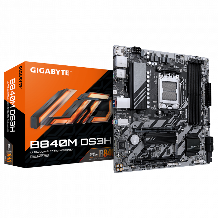 Сист.плата Gigabyte B840M DS3H, B840, 4xDDR5, PCI-E5 x16, 1xPCI-E x1, 1xM.2, 6xSATA, HDMI, DPx2, LAN2.5GbE, BOX