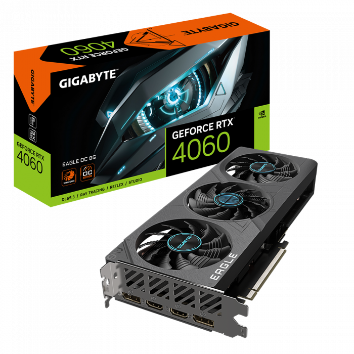 Видеокарта Gigabyte GeForce RTX 4060 Eagle OC, 8Gb GDDR6, 128 bit, DisplayPort x2, HDMI x2, BOX