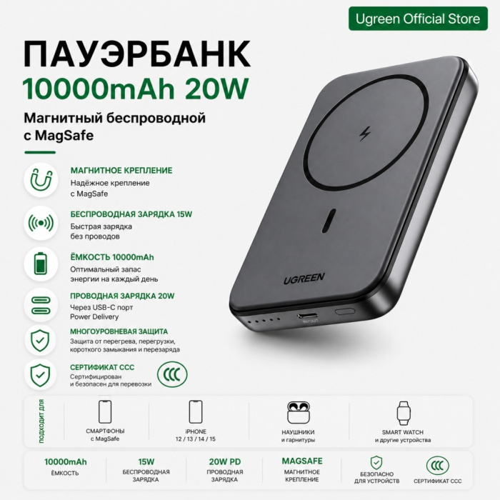 Пауэрбанк Ugreen 10000mAh 20W 1C+7.5W Magnetic Wireless Power Bank(With 3C) 25919C