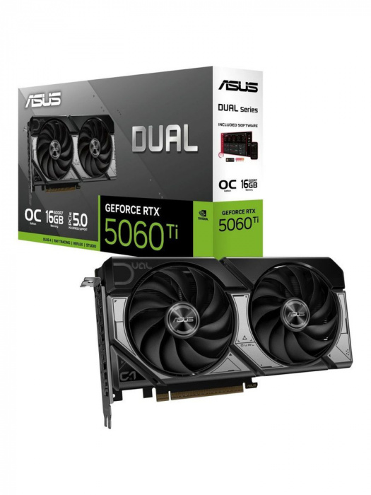 Видеокарта ASUS DUAL-RTX5060TI-O16G, 16Gb GDDR7, 128 Bit, 4608 CUDA, HDMI, DP, BOX