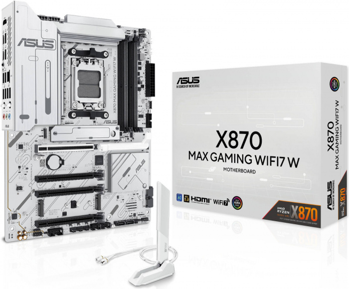 Сист.плата ASUS X870 MAX GAMING WIFI7 W, X870, AM5, 4xDDR5, 4xPCI-E x16, M2, SATA, 2xUSB 4.0, HDMI, WIFI7, WHITE, BOX