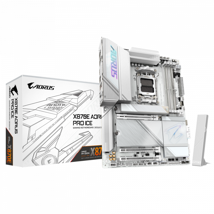 Сист.плата Gigabyte X870E AORUS PRO, AM5, 4xDDR5, PCI-E5 x16, 3xM.2, SATA6, HDMI, DPx3, Wi-Fi6E, LAN2.5GbE, BOX