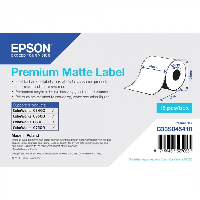 Матовые этикетки C33S045418 Epson 76mm x 35m