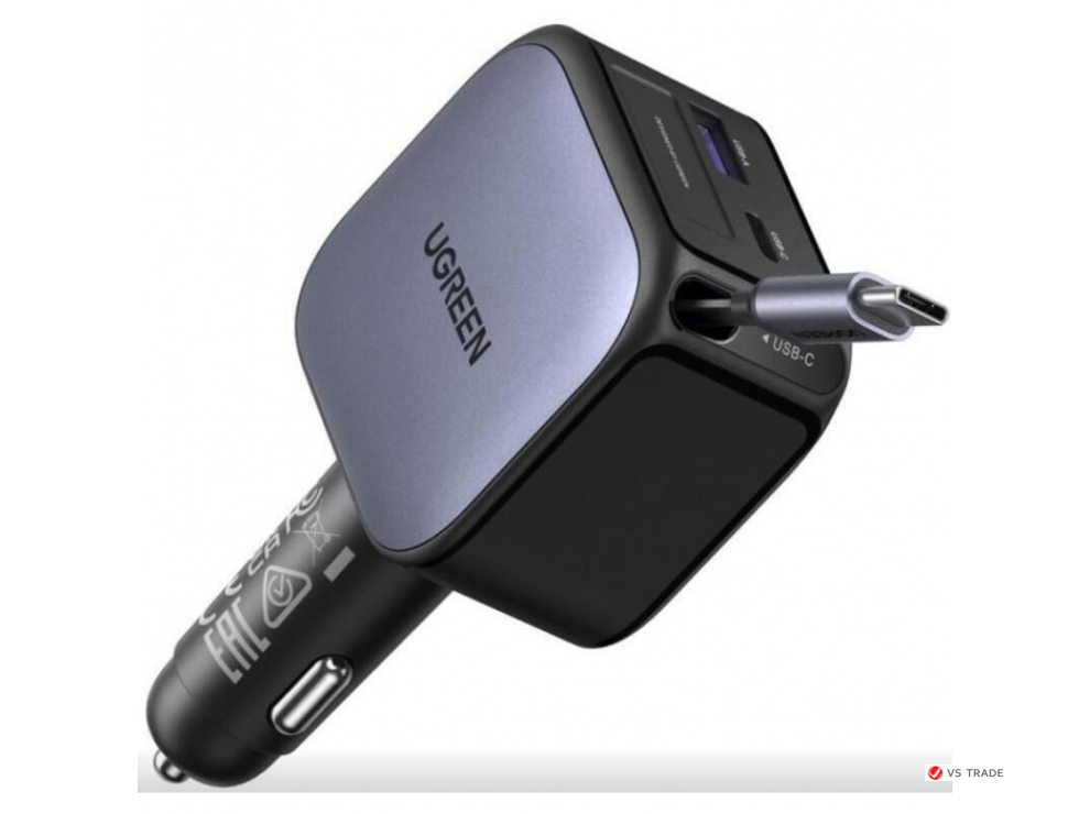 Автомобильное ЗУ Ugreen EC602  60W 1C1A  Fast Car Charger with Retractable Cable, 55212B