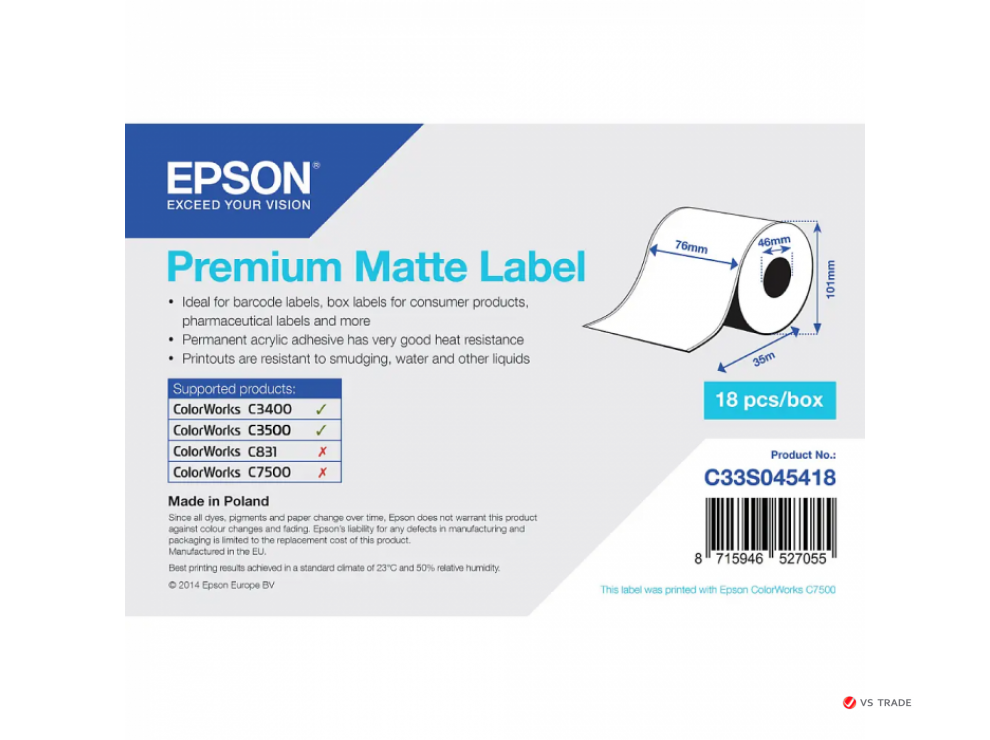 Матовые этикетки C33S045418 Epson  76mm x 35m