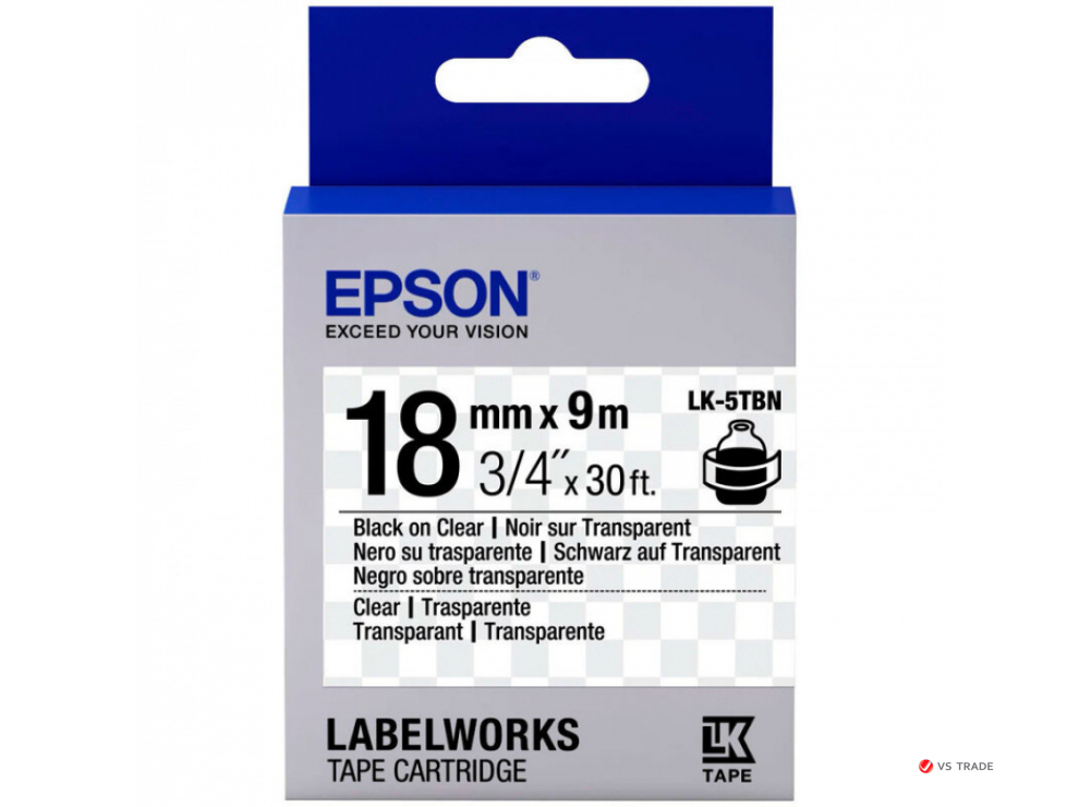 Лента Epson C53S655008 LK-5TBN, 18 мм, прозр/черн, 9м
