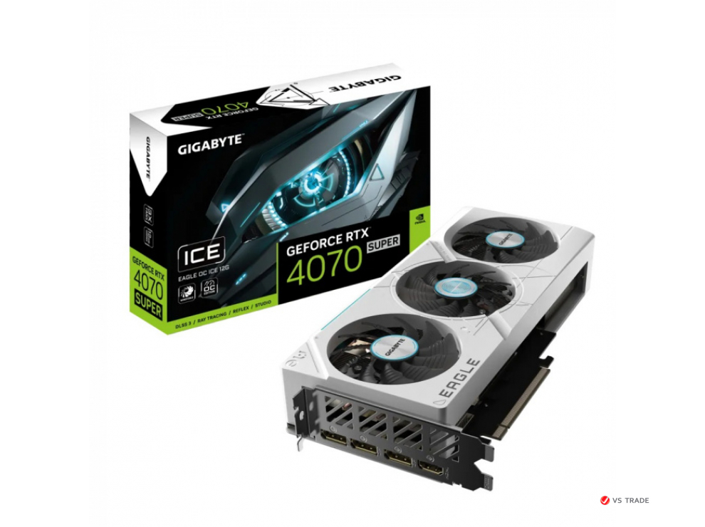 Видеокарта Gigabyte GeForce RTX 4070 SUPER EAGLE OC ICE 12G, GDDR6X, 192Bit Interface, 7168 Cuda Cores,HDMI,DP,WHITE,BOX