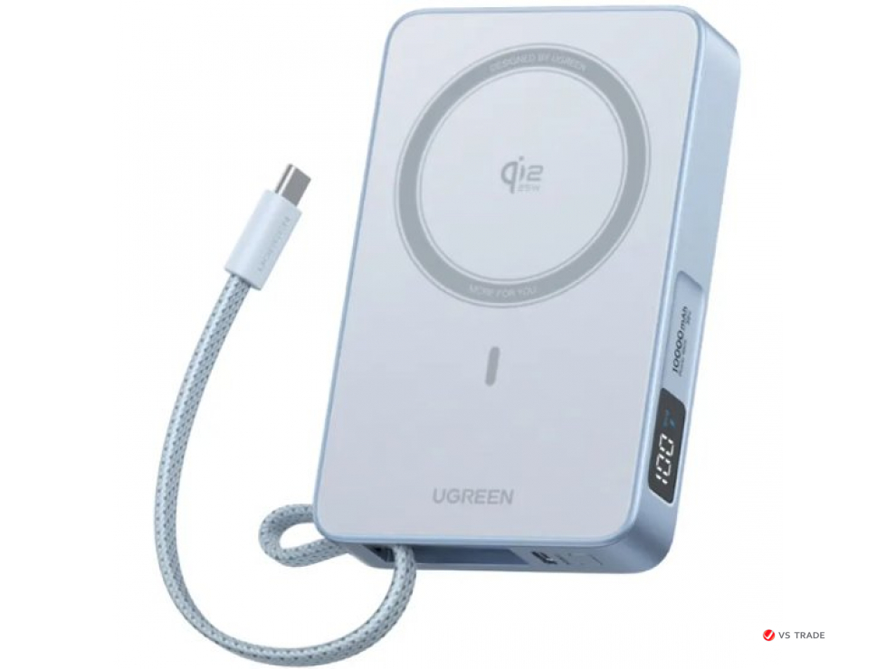 Пауэрбанк Ugreen PB773 65958B 10000mAh 30W 1C + 25W Magnetic Wireless Power Bank with 1* 30W Build-in Cable