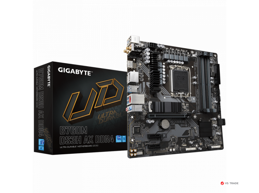 Сист.плата Gigabyte B760M DS3H AX 1.2, B760, 1700, 2xDDR4, PCI-Ex16, 2xPCI-Ex1, 2xM.2, 4xSATA, 2xDP, HDMI, BOX