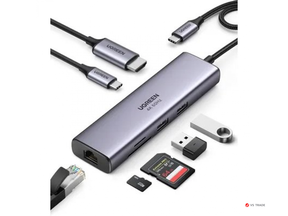 Конвертер Ugreen CM512 USB-C To 3*USB 3.0 A+HDMI+RJ45+PD 15598