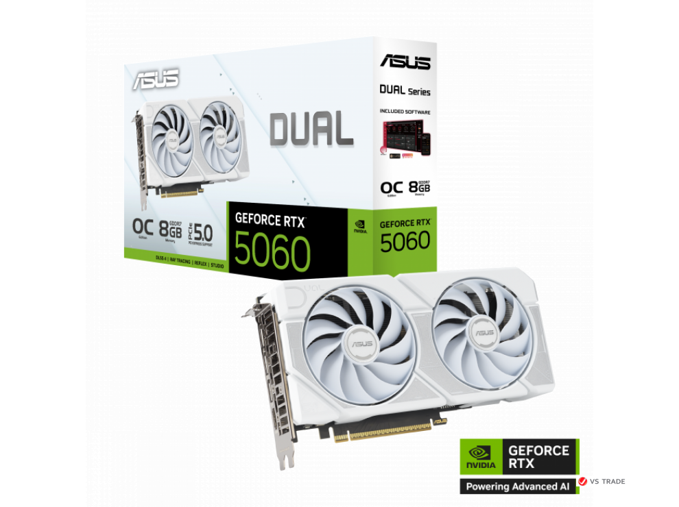Видеокарта ASUS DUAL-RTX5060-O8G-WHITE, 8Gb GDDR7, 128 bit, OVERCLOCK, 3840 CUDA, HDMI, DP, BOX