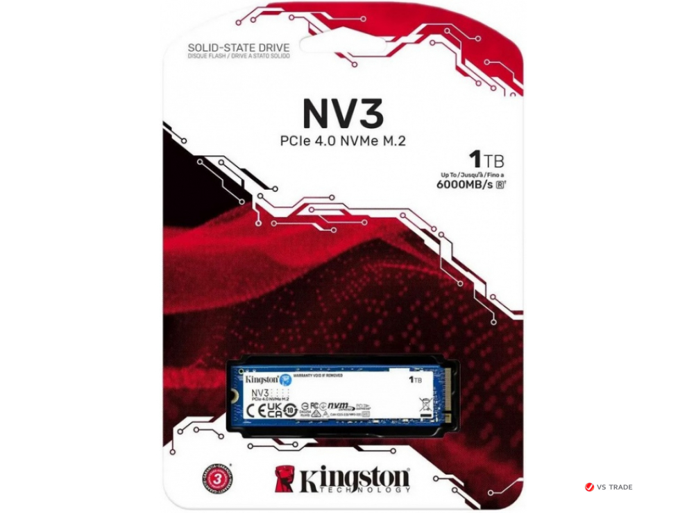 Твердотельный накопитель Kingston NV3, 1000Gb, M2 NVMe PCIe Gen4, Read/write 6000/5000Mb.s SNV3S/1000G