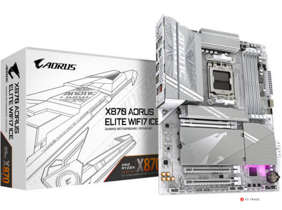 Сист.плата Gigabyte X870 A ELITE WF7 ICE 1.0, X870, AM5, 4xDIMM DDR5, 3xPCI-E x16, 4xM.2, 4xSATA, HDMI, WIFI7, BOX