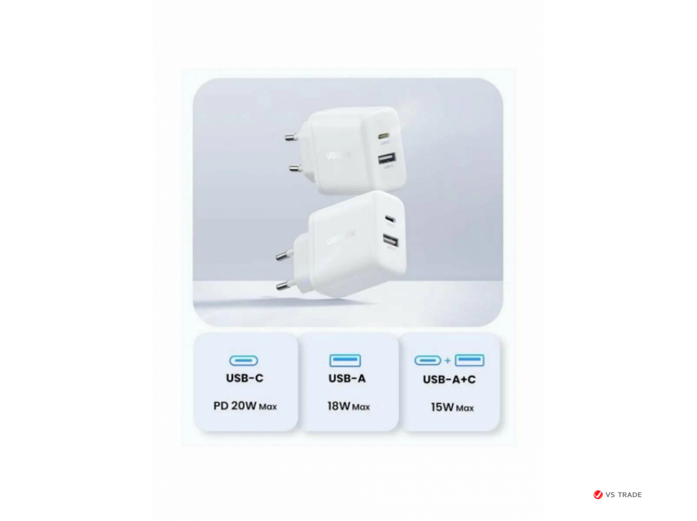 Зарядное устройство Ugreen X227 45310 20W PD Charger USB-C, USB-A