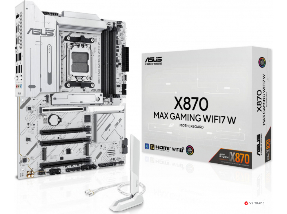 Сист.плата ASUS X870 MAX GAMING WIFI7 W, X870, AM5, 4xDDR5, 4xPCI-E x16, M2, SATA, 2xUSB 4.0, HDMI, WIFI7, WHITE, BOX