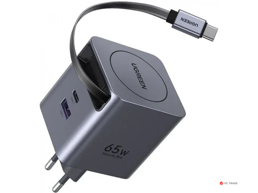Зарядное устройство UGREEN X615 65W 2C1A GaN Fast Charger with Retractable Cable USB-C, 65825