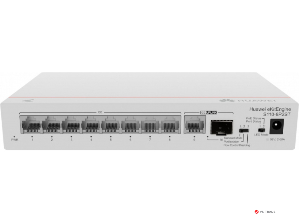 Коммутатор Huawei S110-8P2ST (8*10/100/1000BASE-T, 124W PoE+, 1*GE SFP, 1*10/100/1000BASE-T port, power adapter 56V DC)