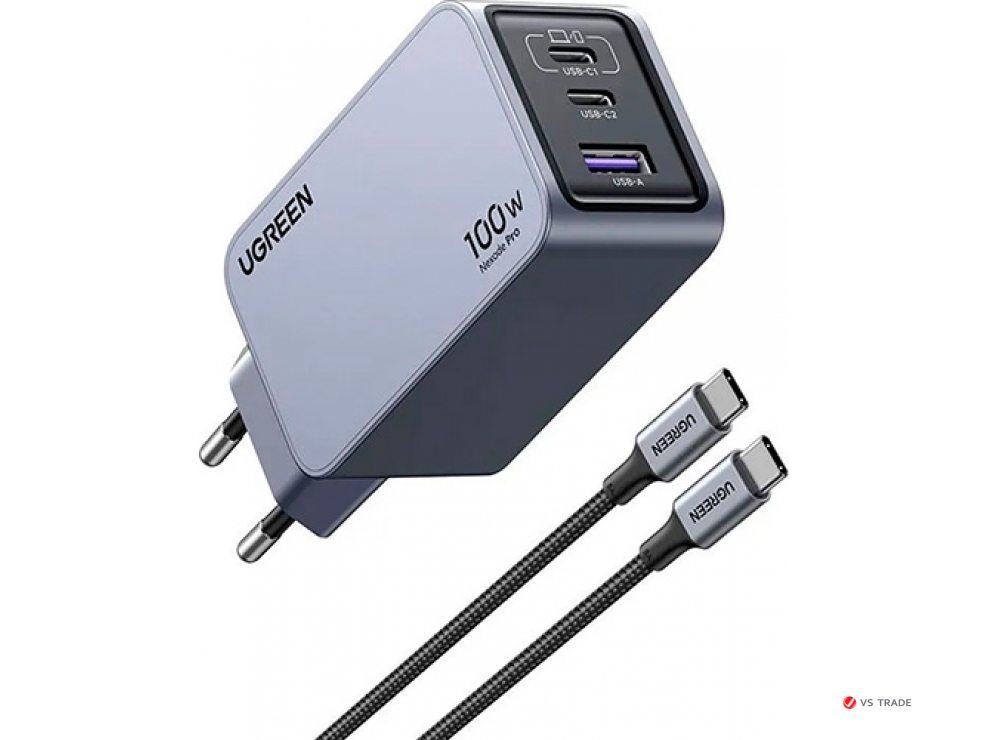 Зарядное устройство UGREEN X757 USB-A+2*USB-C 100W GaN Tech Fast Charger+ 1.5M 100W cable 25874