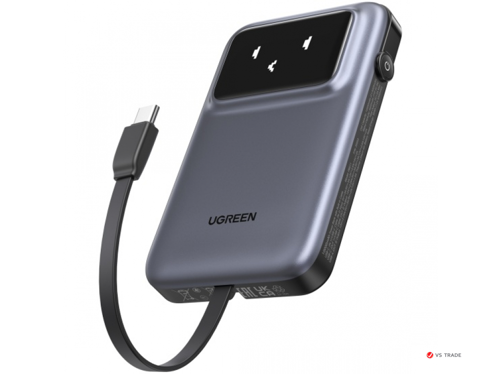 Пауэрбанк UGREEN PB764 45329 10000mAh mini Magnetic Robot Wls 20W(15W) USB-C With Hoder Grey