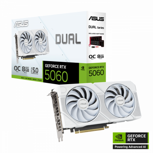 Видеокарта ASUS DUAL-RTX5060-O8G-WHITE, 8Gb GDDR7, 128 bit, OVERCLOCK, 3840 CUDA, HDMI, DP, BOX